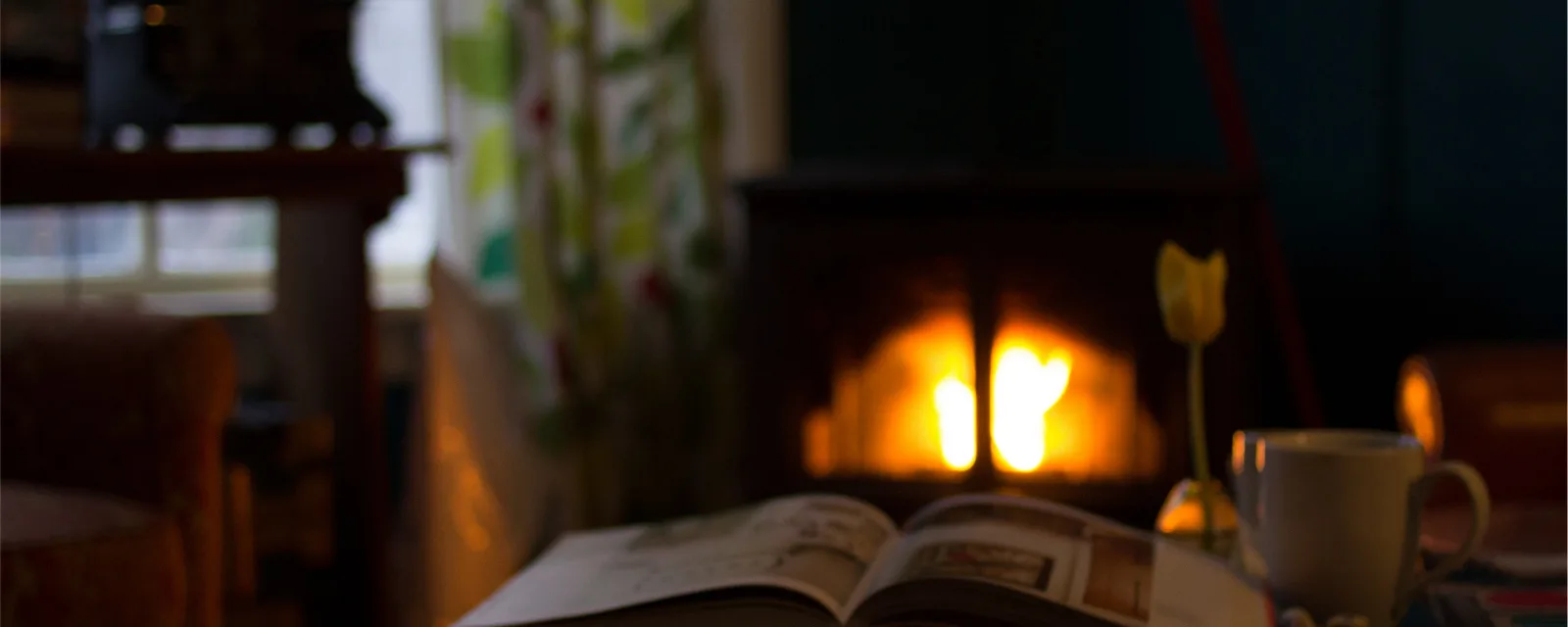 Photo d'illustration, qui ne montre pas cette structure : un feu de cheminée, un livre ouvert et une tasse posés devant.